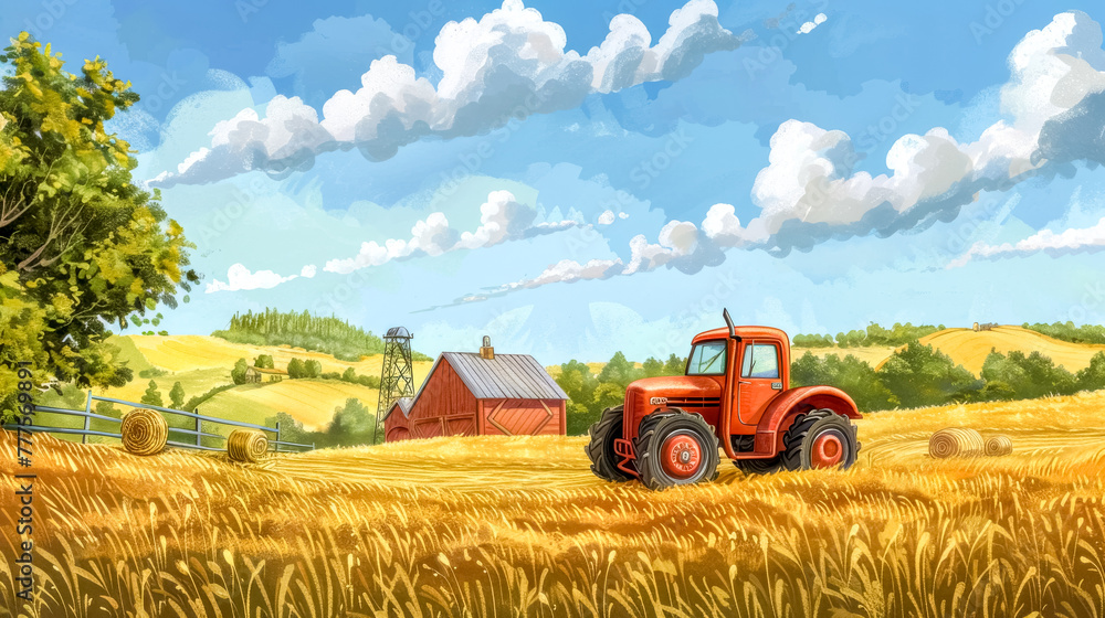 Obraz premium Idyllic farm landscape with tractor in fields