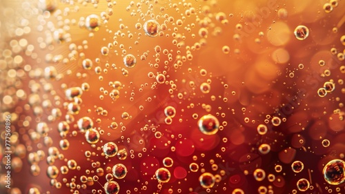 Close-up of glistening bubbles in golden liquid with blurred background
