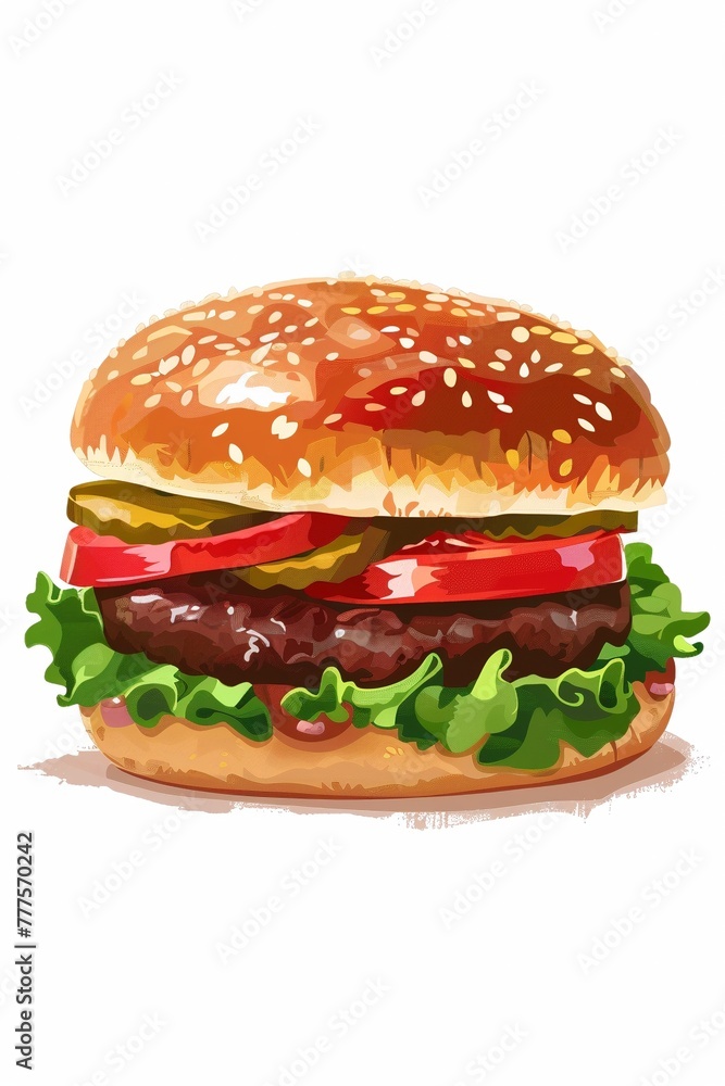 A photo of a tantalizing burger, its layers of juicy goodness on full display, captured in crisp detail against a clean white background - ideal for a restaurant menu poster. A photo of a tantalizing burger, its layers of juicy goodness on full display, captured in crisp detail against a clean white background - ideal for a restaurant menu poster.