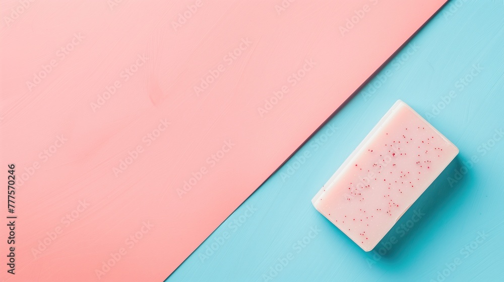 Pink bar of soap with exfoliating grains rests on two-tone blue and background
