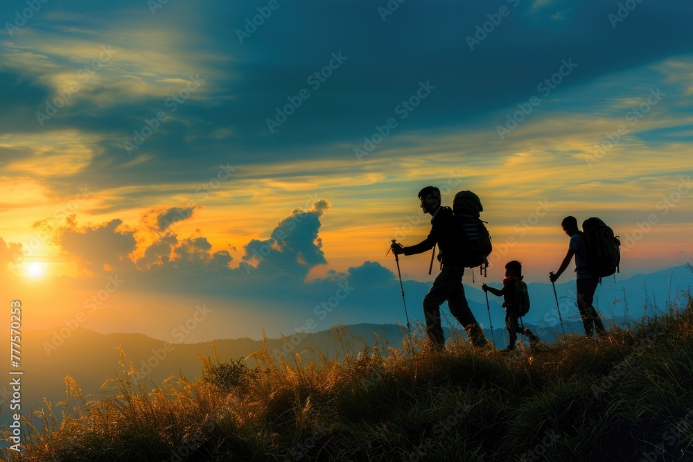 A Journey Together: Family Silhouette in Mountain Setting