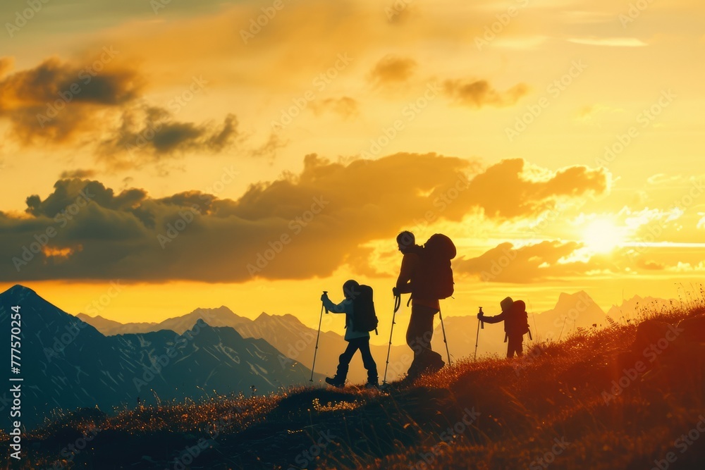 Serenity in the Peaks: Silhouetted Family Hiking Adventure