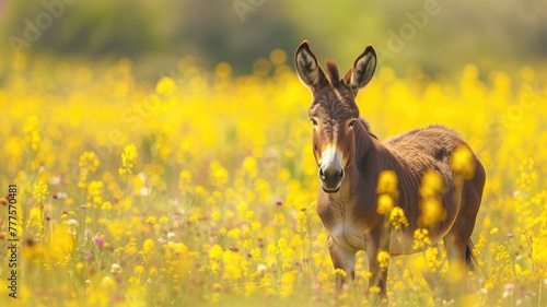 Donkey stands alert in vibrant field of yellow wildflowers bathed soft sunlight