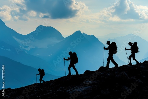Hiking Together: Mountain Family Silhouette