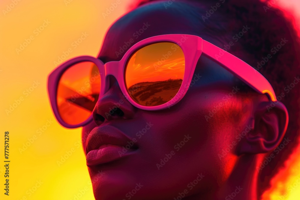 African American Woman Enjoying Sunset with Trendy Sunglasses African American Woman Enjoying Sunset with Trendy Sunglasses