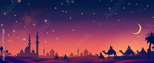 People on camels under moon, a night sky with stars, a mosque silhouette in the background