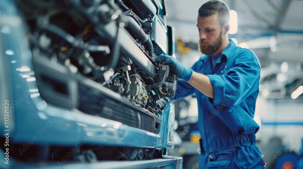 Professional mechanic fixing a car engine in an auto repair shop Professional mechanic fixing a car engine in an auto repair shop
