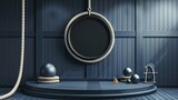 Navy podium mockup with nautical-inspired accents and rope details.