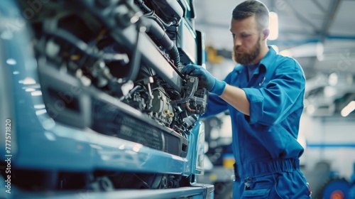 Professional mechanic fixing a car engine in an auto repair shop