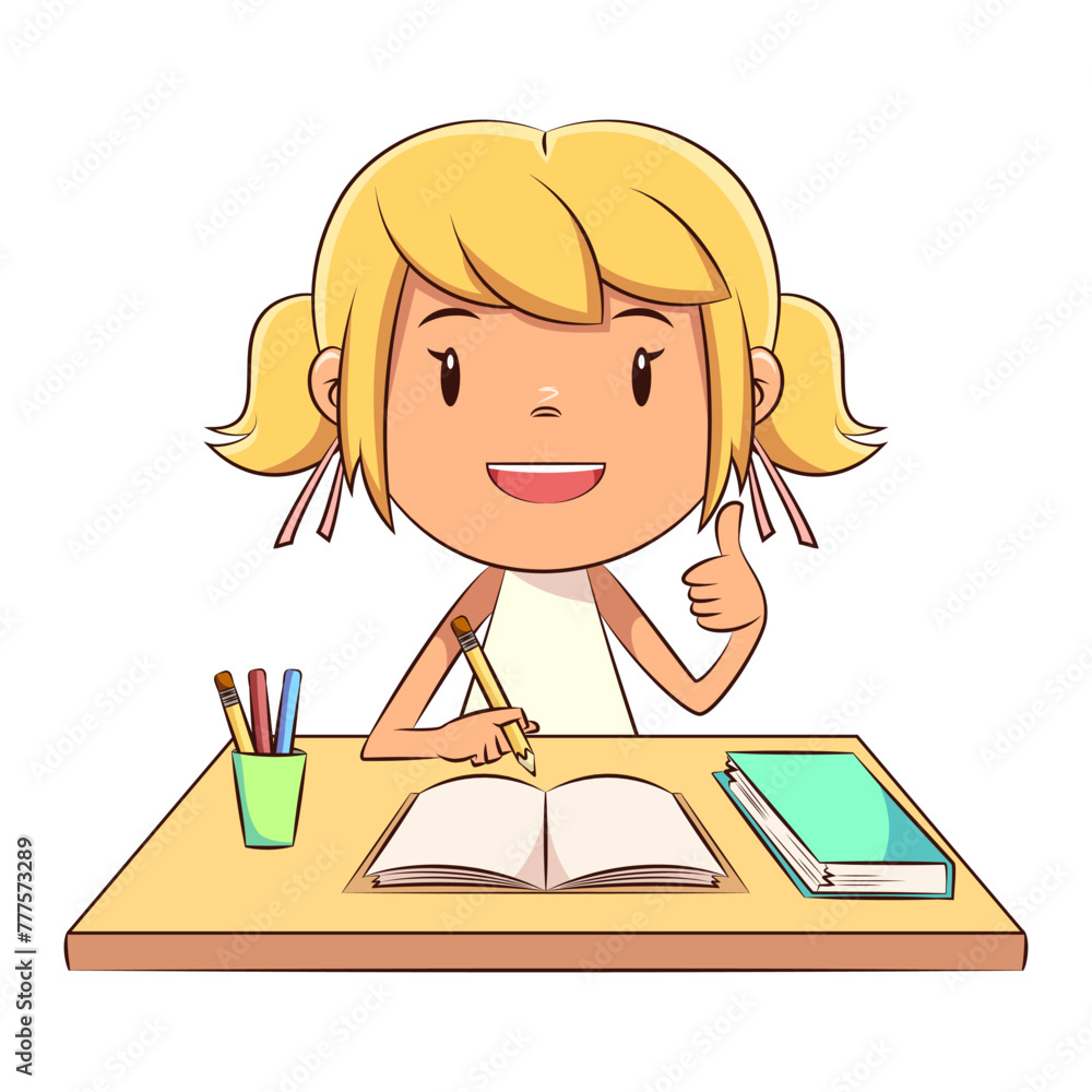 Happy child doing homework, studying, cute, girl Happy child doing homework, studying, cute, girl