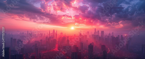 A wide-angle shot of a futuristic city panorama in a purple haze against a sunset sky. Fantasy illustration in cyberpunk style. Futuristic city scene in a style of sci-fi art. 80's wallpaper. photo