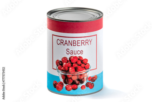 A fake generic labelled food can of cranberry sauce with loose cranberries isolated on white