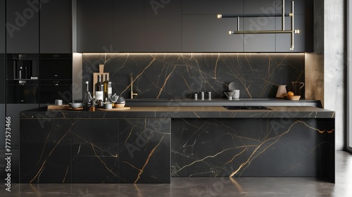 Luxurious black marble kitchen with gold accents. 3D rendering of sophisticated interior design.