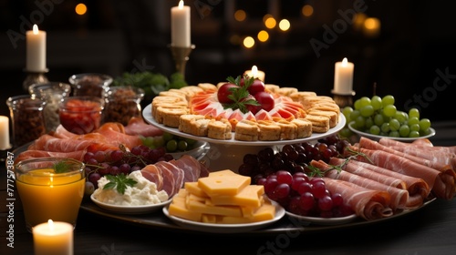 Festive table with snacks from sausages and cheeses, fruits and berries, a gala feast Concept: holiday menu and cooking, catering services.