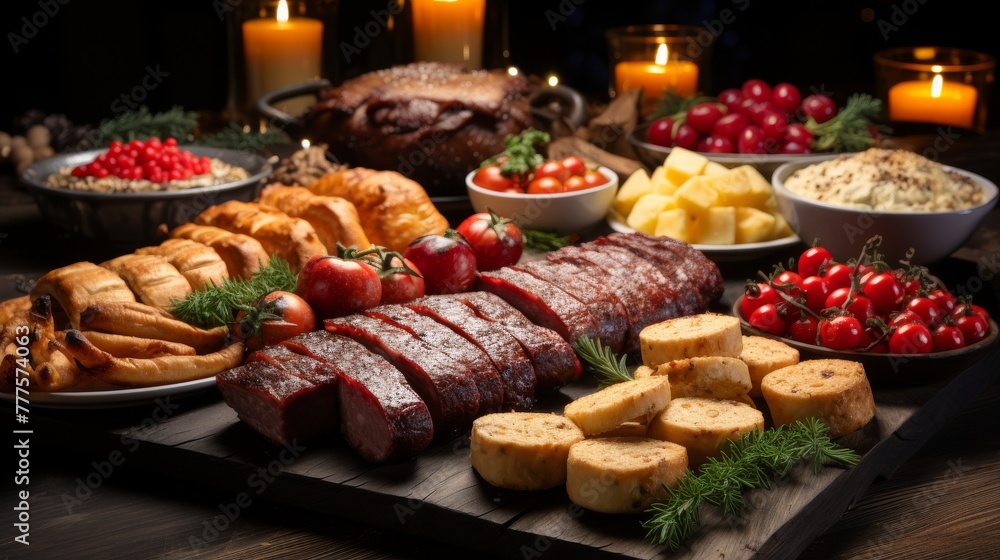 Fototapeta premium Festive table with snacks from sausages and cheeses, fruits and berries, a gala feast Concept: holiday menu and cooking, catering services.