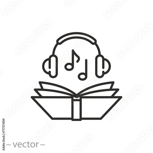 headphones with audiobook icon, listen audio education, sound guide book, thin line symbol on white background - vector illustration