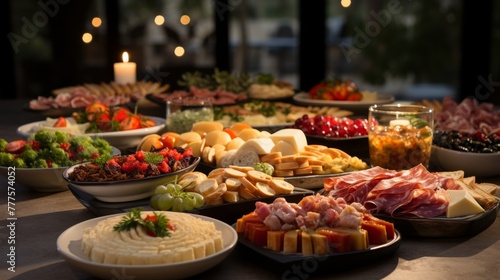 Festive table with snacks from sausages and cheeses  fruits and berries  a gala feast Concept  holiday menu and cooking  catering services.