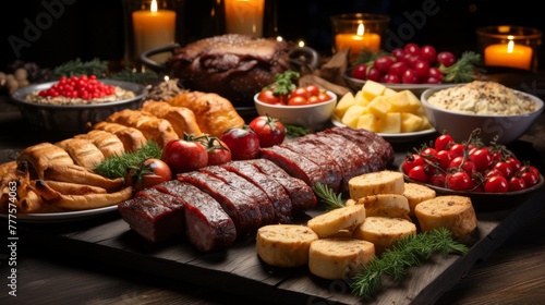 Festive table with snacks from sausages and cheeses  fruits and berries  a gala feast Concept  holiday menu and cooking  catering services.