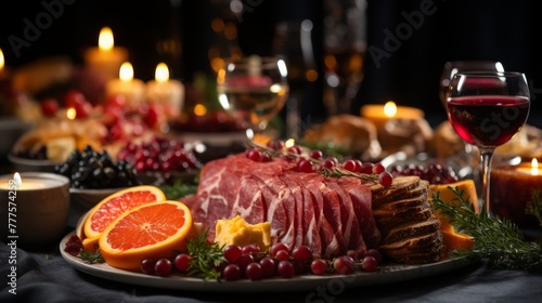 Festive table with snacks from sausages and cheeses, fruits and berries, a gala feast Concept: holiday menu and cooking, catering services.
