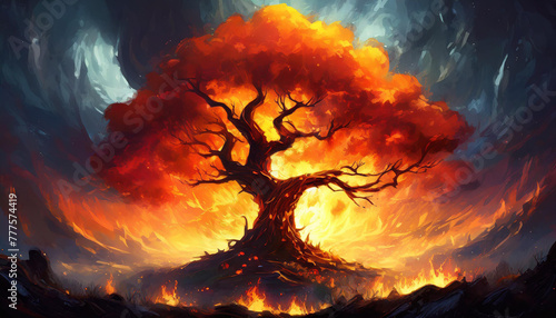 Mysterious fantasy scene with big tree. World of fire.