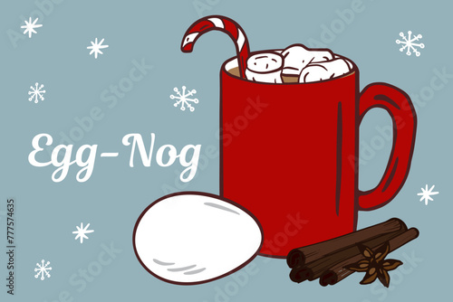Egg Nog coffee recipe - Glass, Mug, spices, eggs. traditional egg nog Cocktail with milk, cinnamon and clove star. Winter drink and christmas decoration for cookbook, menu, recipe.