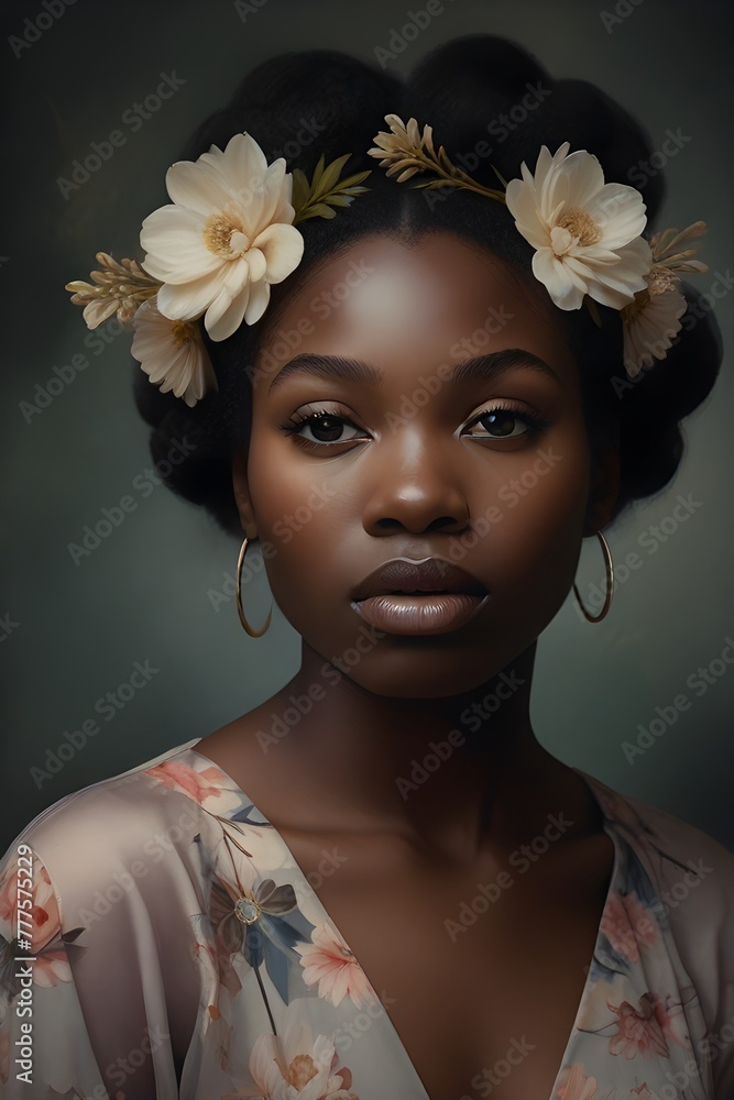 An ethereal floral portrait of a black woman in soft tones. Generative AI