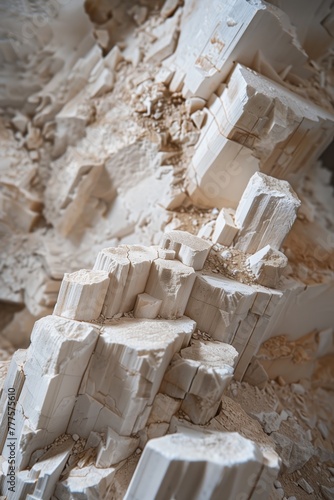 A mesmerizing close-up shot capturing the intricate details of white chalk cliffs, with their layers and rubble, portraying a natural geological wonder © StockUp