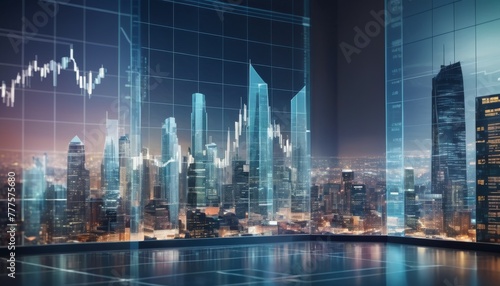 A futuristic cityscape projection over a sleek surface, symbolizing economic trends and corporate concepts in a modern world