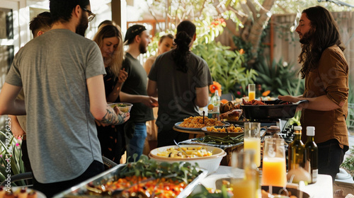 Friends hosting a brunch potluck  enjoying a variety of homemade dishes and mimosas in a relaxed atmosphere