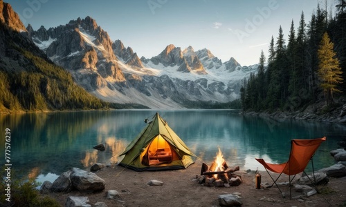 A tranquil lakeside camping scene unfolds at dusk, where a glowing tent and a crackling fire create a cozy atmosphere amidst the towering, snowy mountains. The last rays of sunlight cast a golden hue