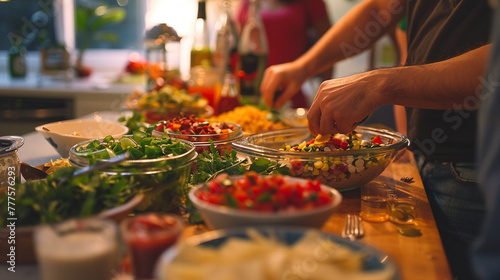 Friends hosting a DIY taco night  setting up a build-your-own taco bar with a variety of toppings and salsas