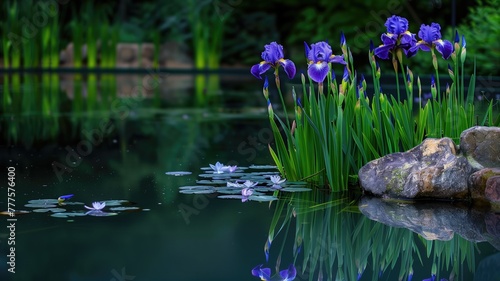 Purple iris flowers and lily pads on tranquil pond with dark water surface reflecting plants