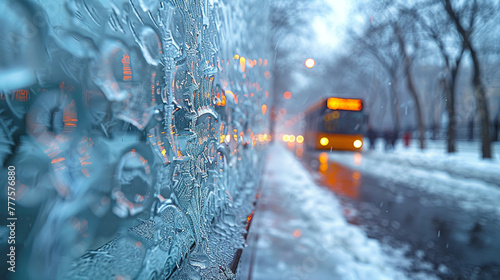 Frosty patterns on a glass bus shelter in the city center.