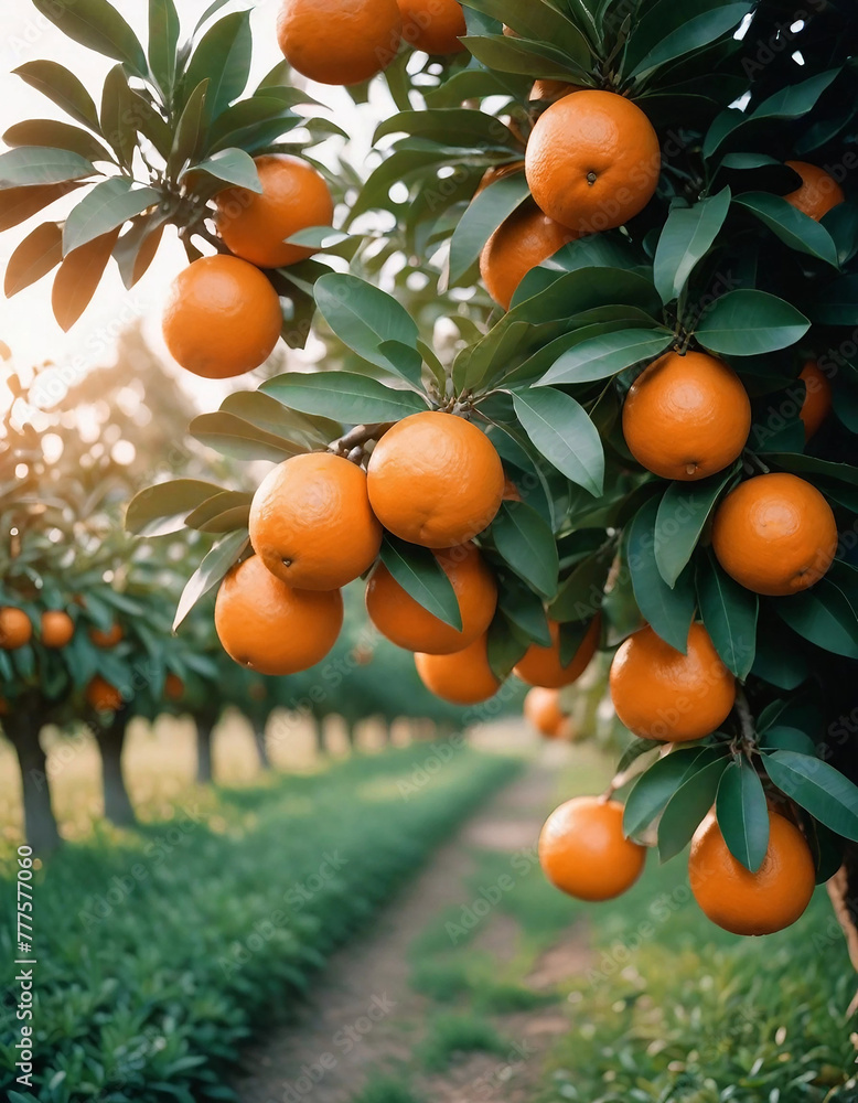 a bunch of oranges hanging from a tree, created with generative ai