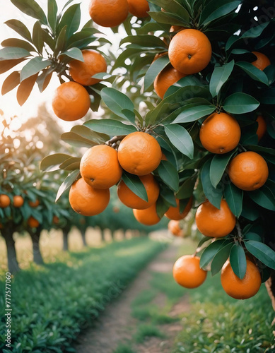 a bunch of oranges hanging from a tree, created with generative ai