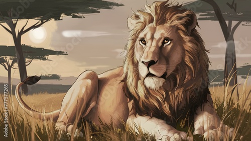 An illustration of a majestic lion in its natural habitat