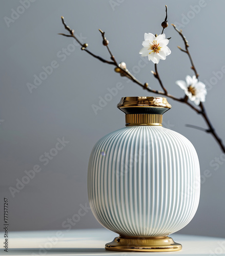 a white vase with a branch of a sakura tree with a few branches (ID: 777577267)