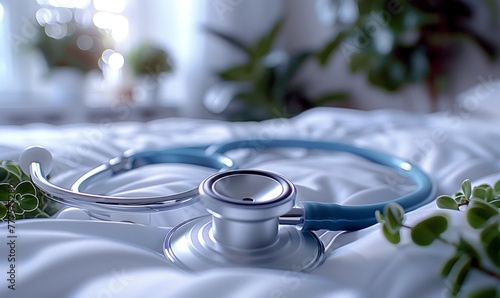 A stethoscope rests on a bed, its electric blue membrane contrasting with the soft blue bedding. The delicate petals of a plant nearby softly touch the transparent material of the stethoscope photo