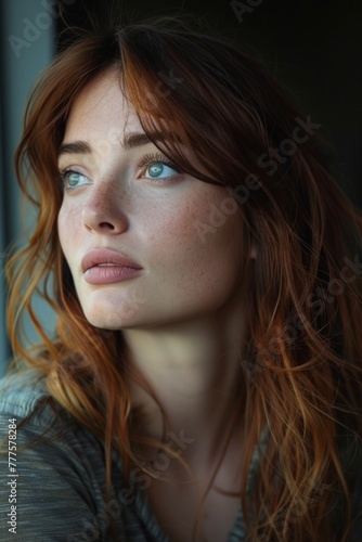 Close-up of a woman with red hair and freckles looking contemplatively out of a window