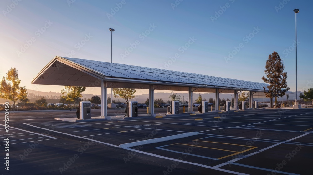 Solar panels on a parking lot roof during sunset providing clean energy