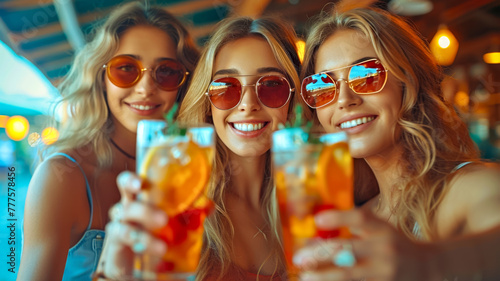 Smiling women in sunglasses holding summer cocktails, cheers to camera.