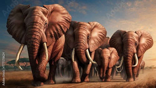 A detailed drawing of a group of elephants in a savannah setting