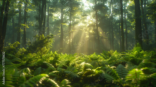 A serene forest glade with shafts of sunlight filtering through the trees onto a carpet of ferns.