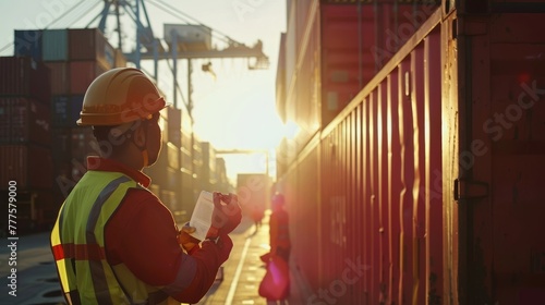 Safety inspector in bright gear examining cargo containers at sunset