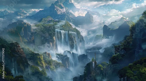A digital illustration of a fantastical landscape, where towering mountains and cascading waterfalls form a breathtaking backdrop to a world inhabited by mythical creatures and legendary heroes.