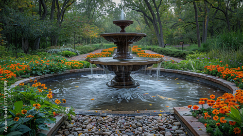A peaceful garden with a bubbling fountain, colorful flowers, and winding pathways surrounded by trees.