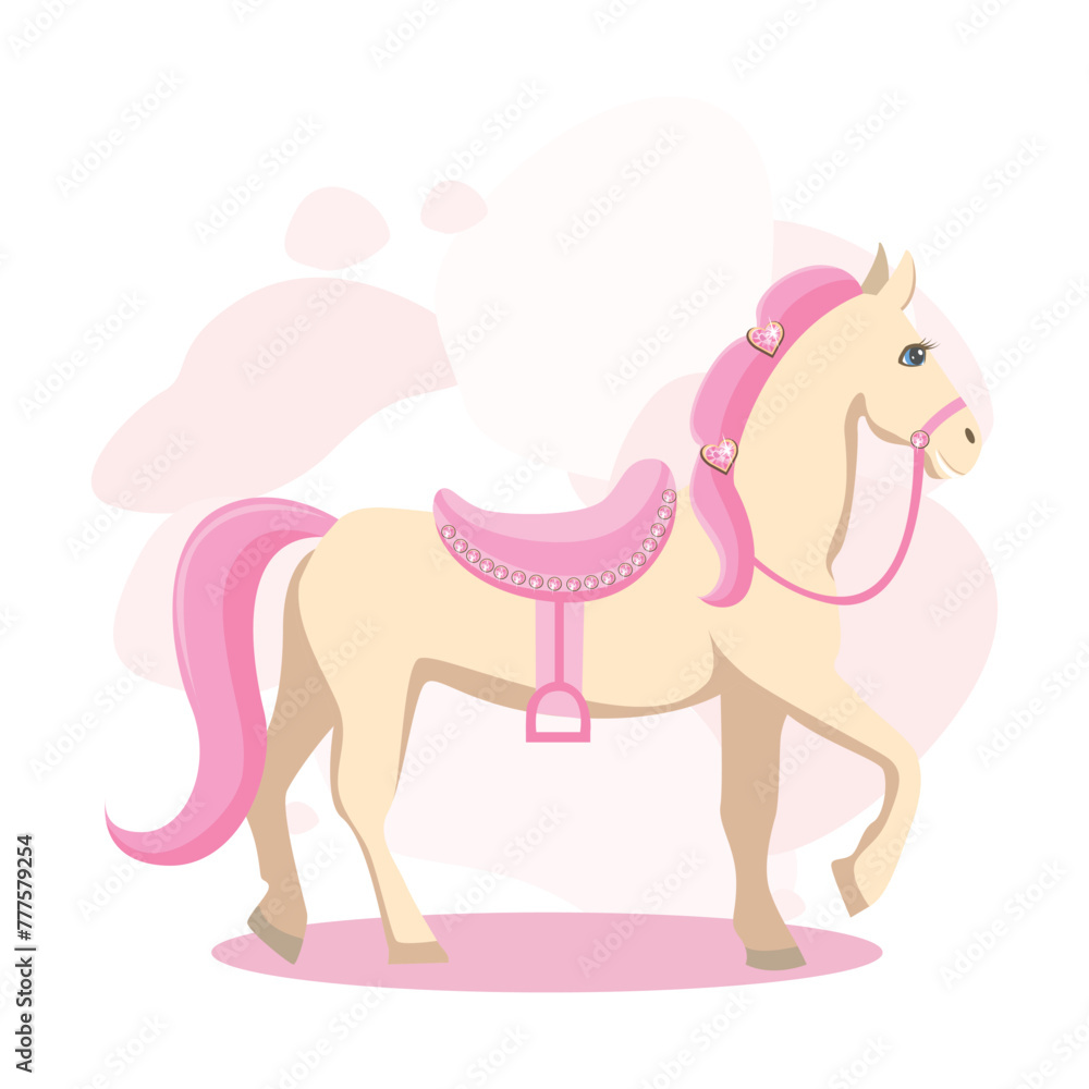 Fairy tale white horse with a pink mane with a pink saddle decorated with pink jewelry and a bridle. Fairy tale vector illustration on pink abstract background.