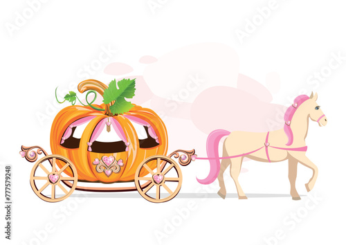 A fairytale carriage made of a pumpkin decorated with heart-shaped jewels and drawn by a white horse with a pink mane. Fairy tale vector illustration on abstract pink background.