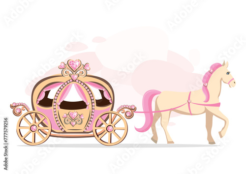 A pink carriage decorated with heart-shaped jewels and drawn by a white horse with a pink mane. Fairy tale vector illustration on abstract pink background.