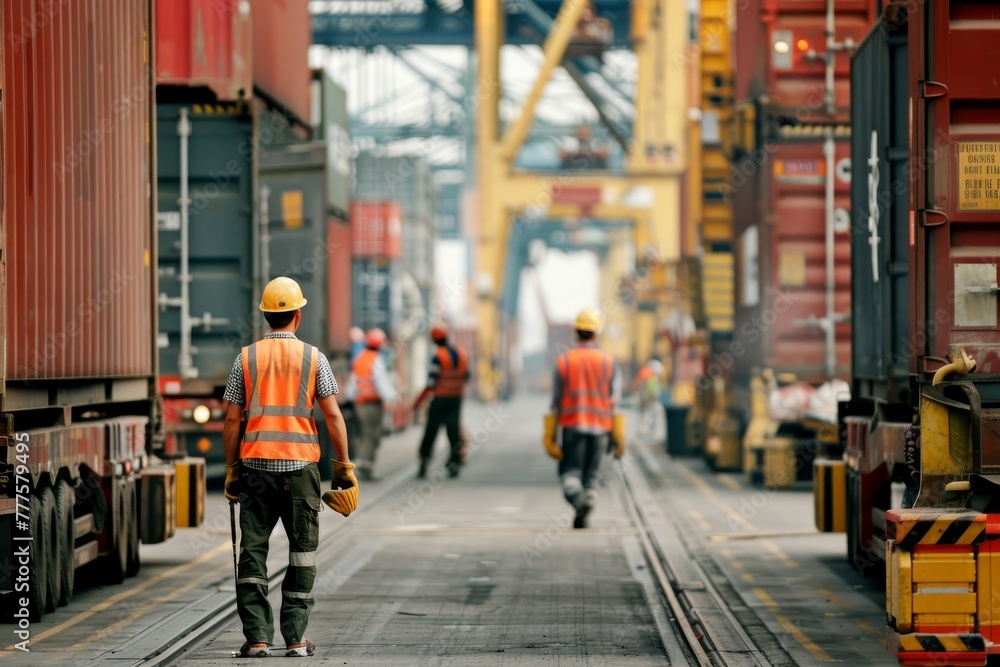 Industrial workers walking in a cargo dock with safety gear Industrial workers walking in a cargo dock with safety gear